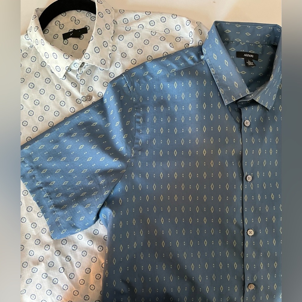 Men’s 2 Alfani short sleeve button down casual patterned collar shirts size L